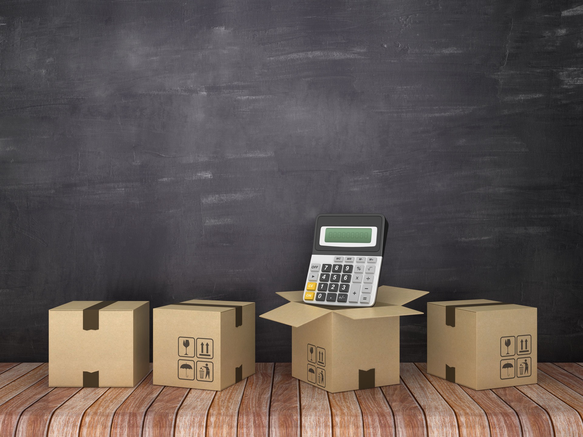 Cardboard Boxes with Calculator in Room - Chalkboard Background - 3D Rendering
